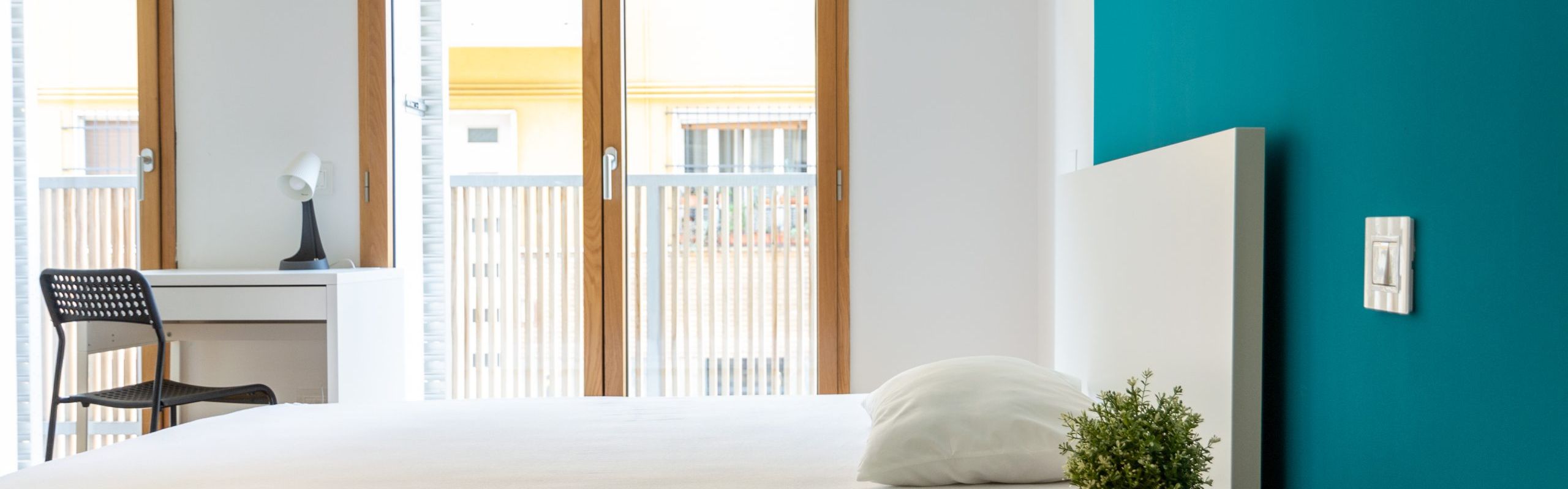 Foto camera da letto per coliving, letto con materasso e cuscino bianco, comodino nero con vaso con pianta, parete verde e bianca, porta finestra con affaccio